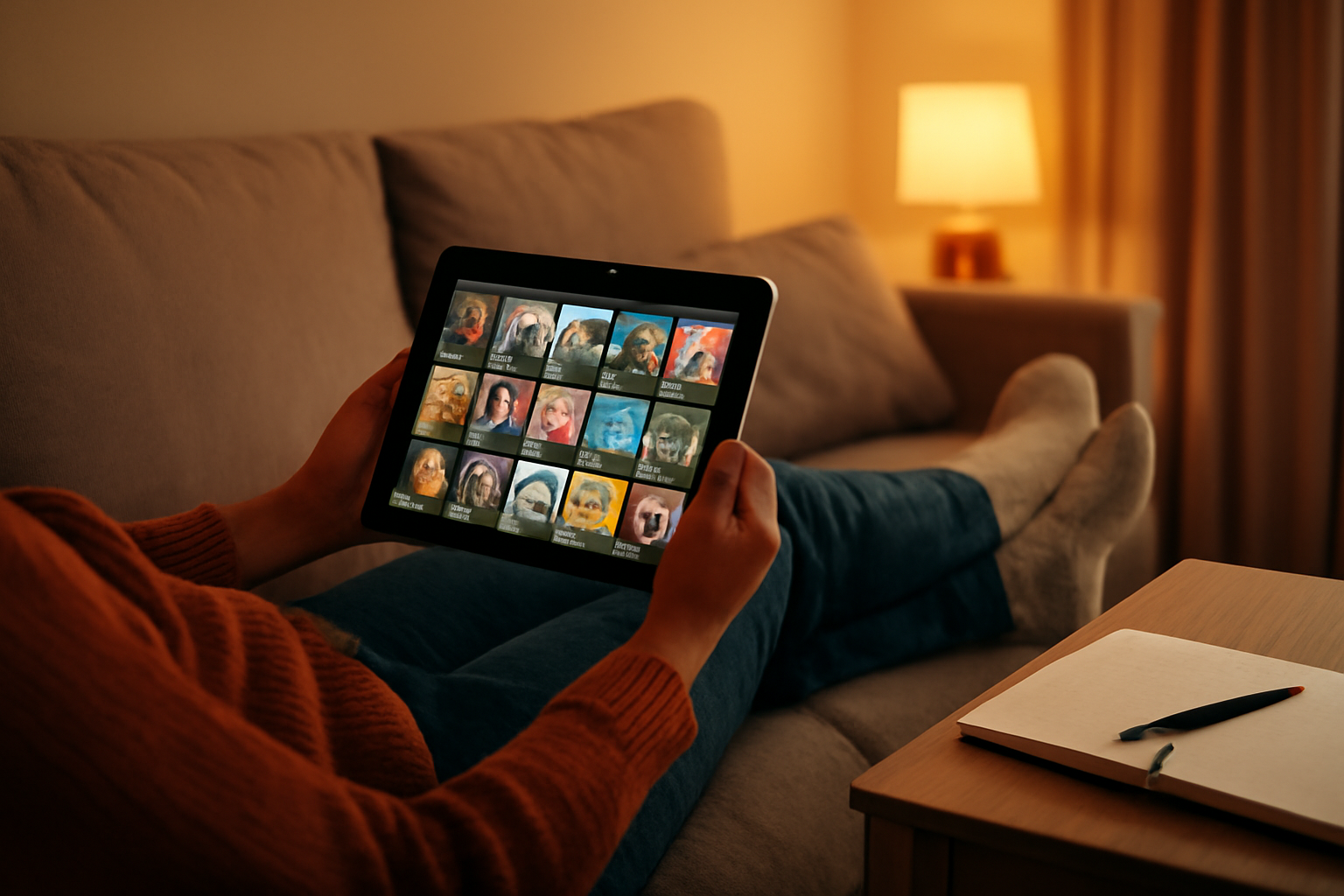 Seseorang memilih film berdasarkan durasi di tablet sambil memegang catatan waktu luang