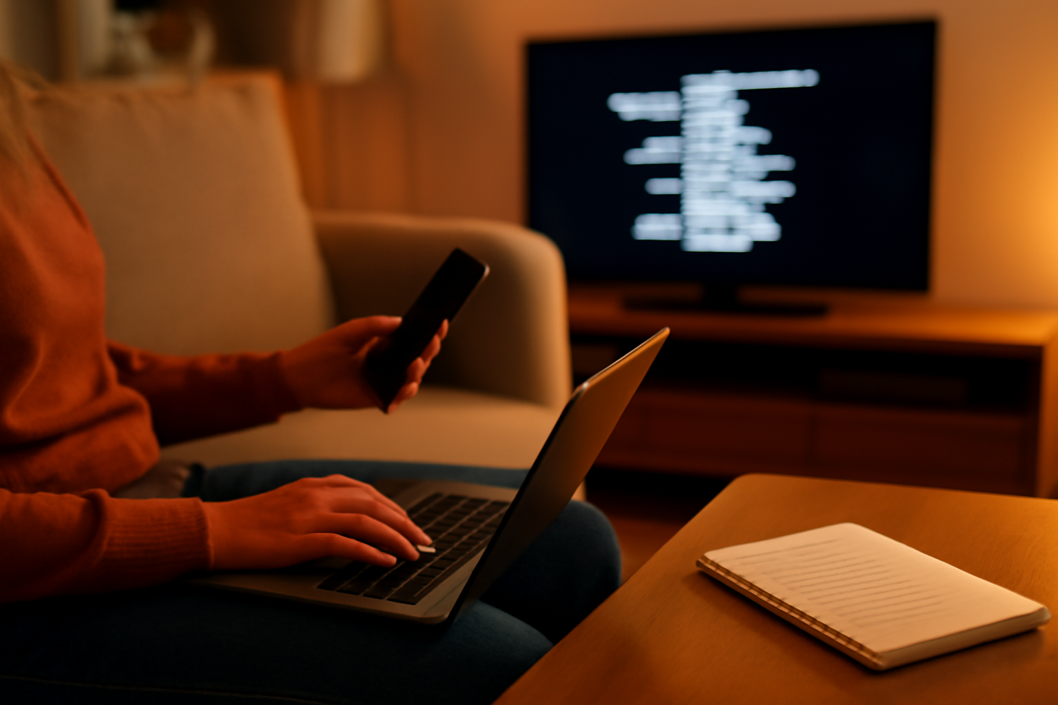 Seseorang mencatat daftar tontonan di sofa sambil melihat kredit film di layar televisi