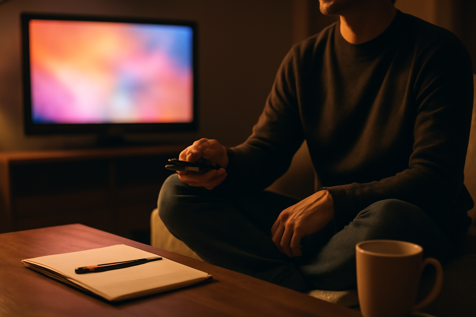 Seseorang memegang remote dan memilih film di aplikasi streaming dari sofa ruang tamu pada malam hari