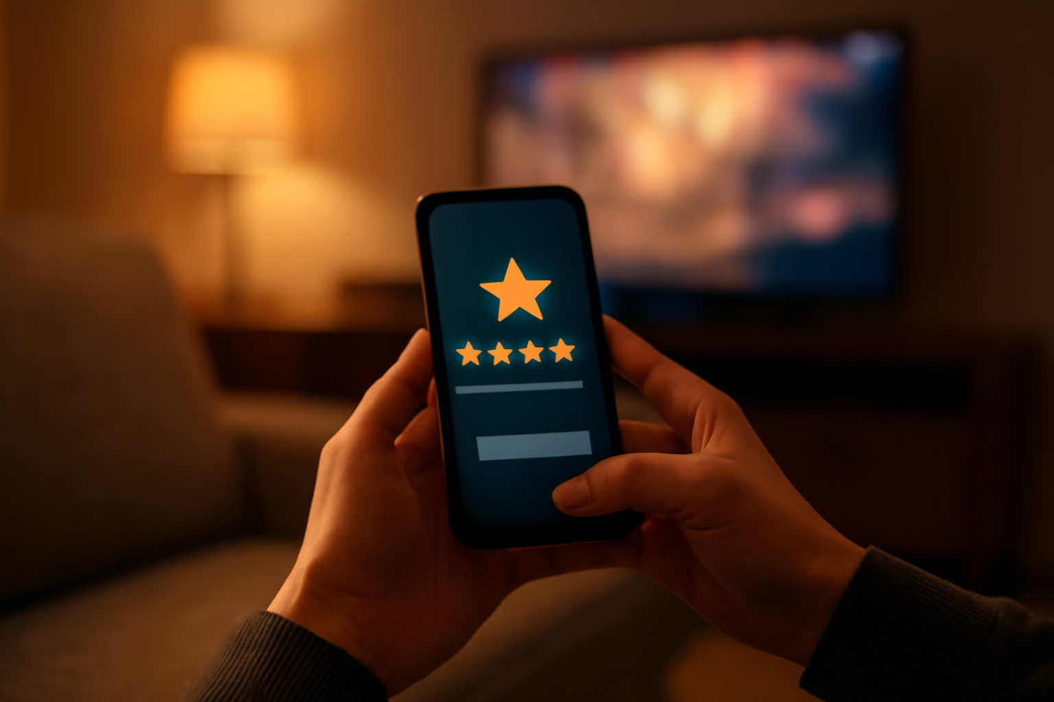Seseorang mengecek rating film di ponsel sebelum menonton di ruang tamu