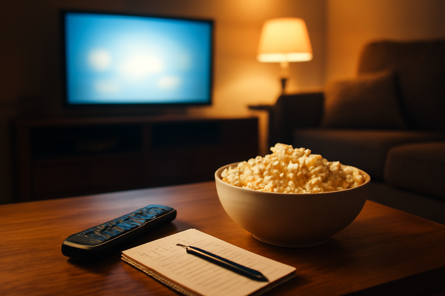 Ruang tamu dengan televisi menyala dan daftar tontonan di meja untuk memilih film sesuai mood