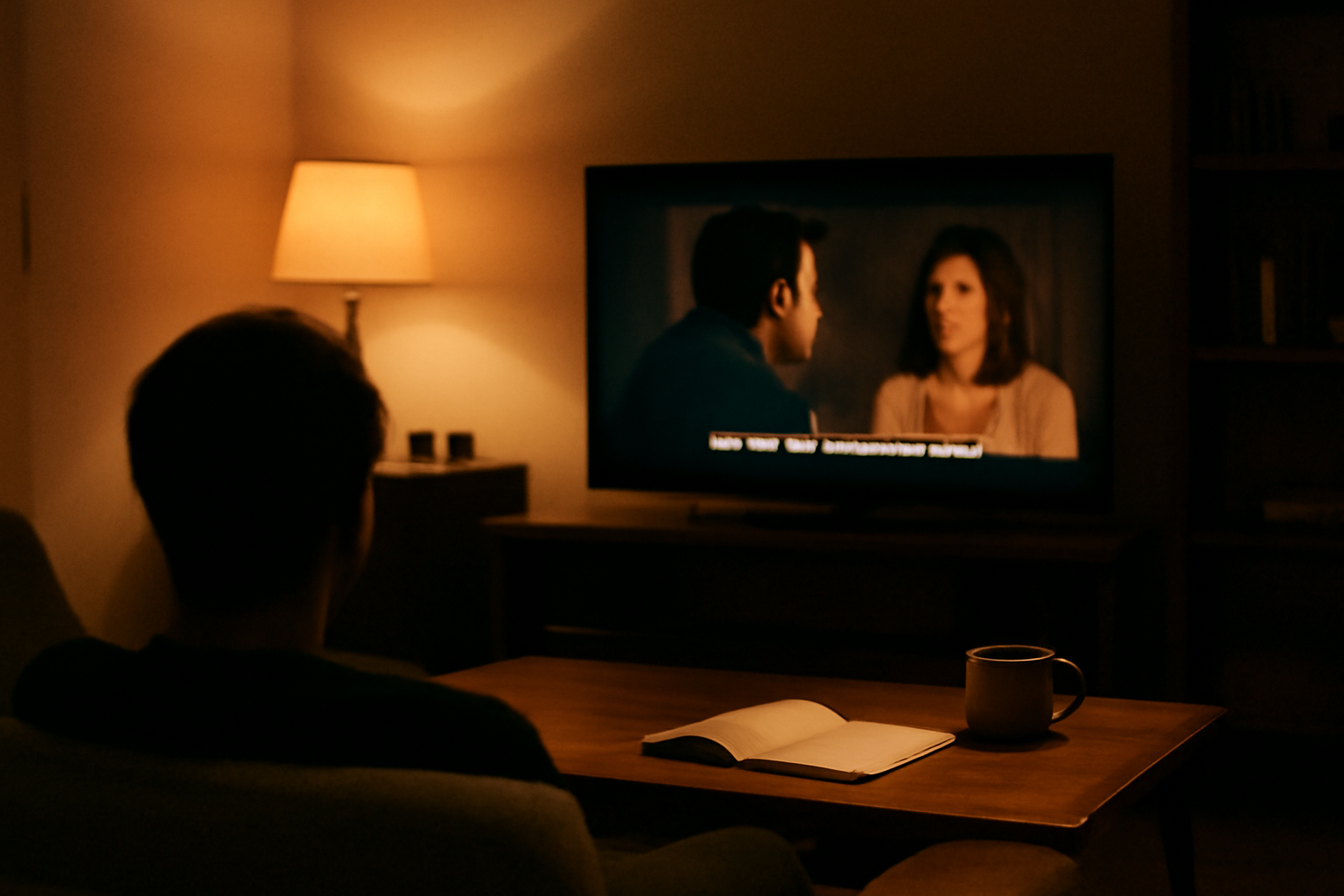 Seseorang menonton film bersubtitle di TV dengan lampu ruangan yang diredupkan