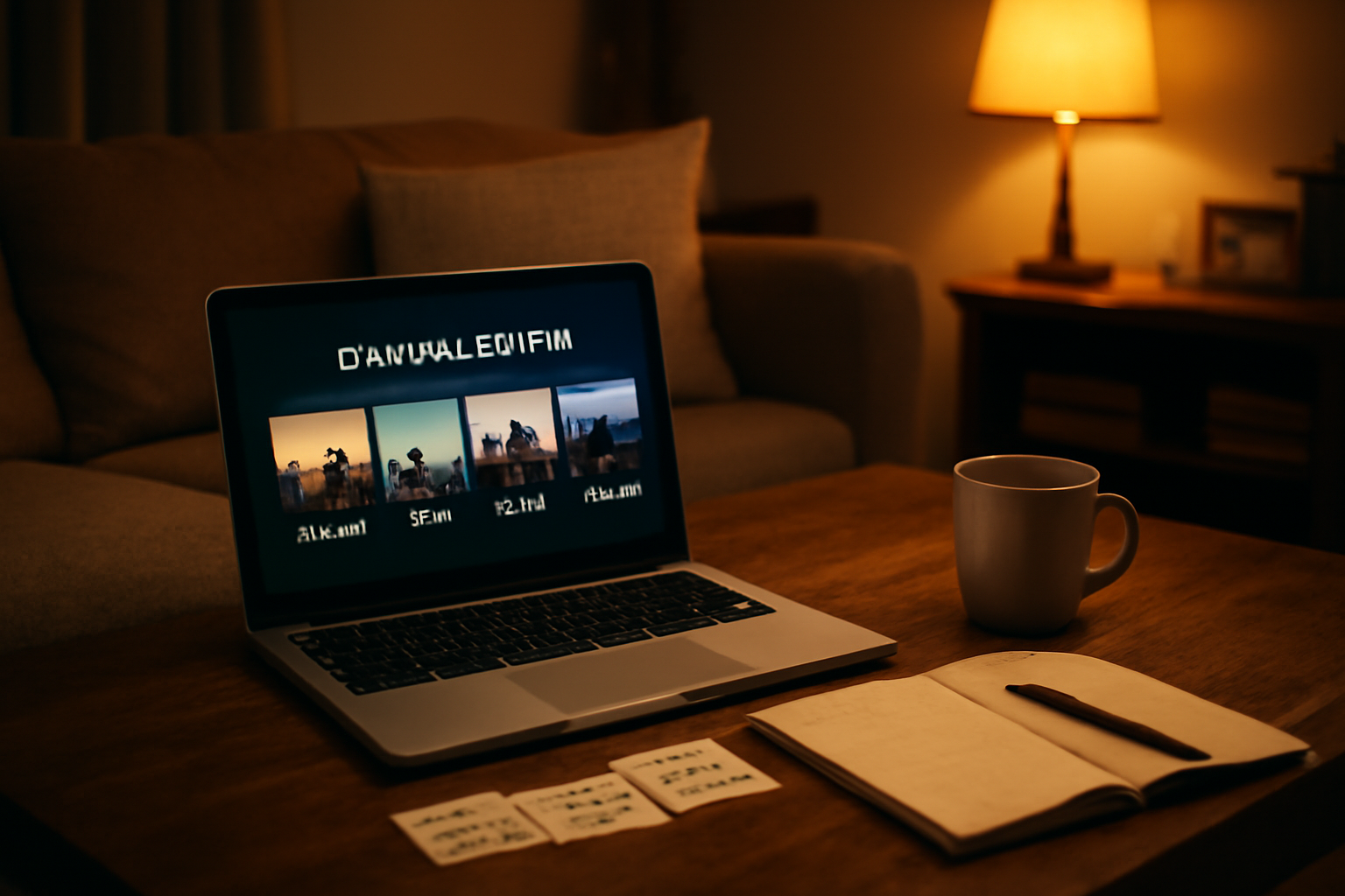 Laptop dan catatan daftar film pendek di meja ruang tamu untuk sesi maraton