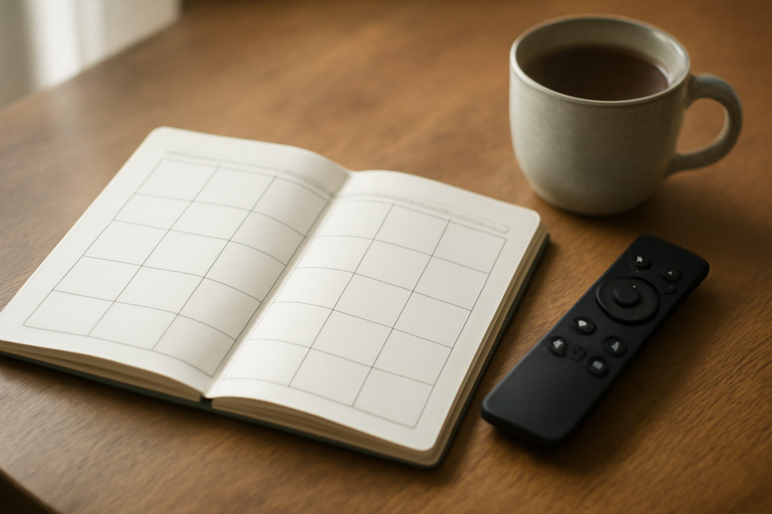 Buku catatan berisi jadwal nonton mingguan di atas meja kayu bersama remote dan cangkir teh