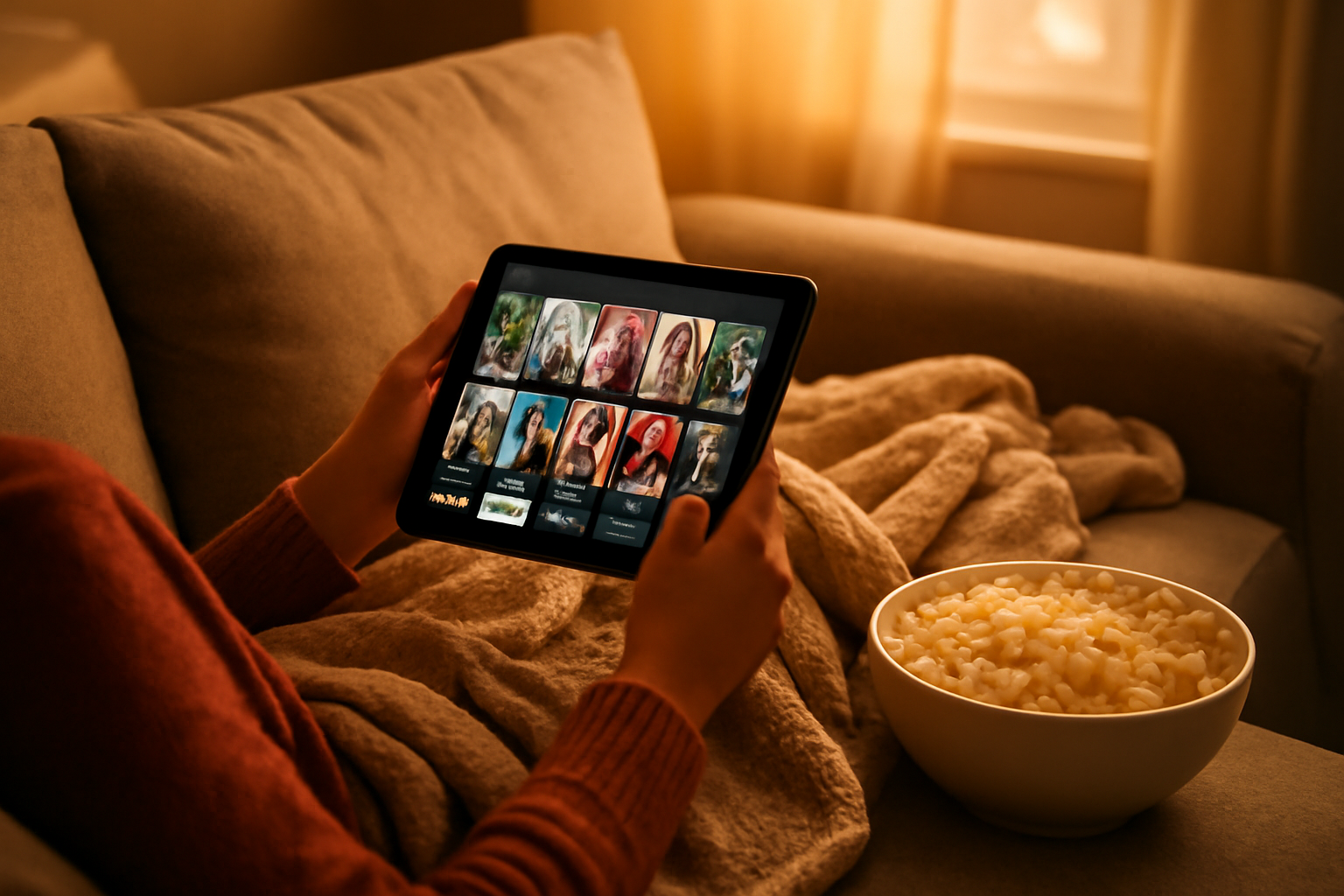 Seseorang sedang membandingkan platform menonton film di tablet sambil duduk di sofa