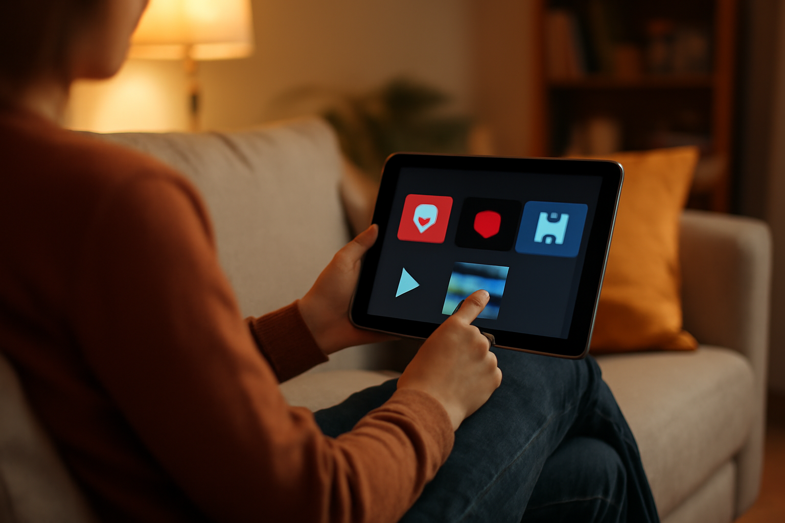 Seseorang membandingkan aplikasi streaming di tablet saat duduk di sofa ruang tamu
